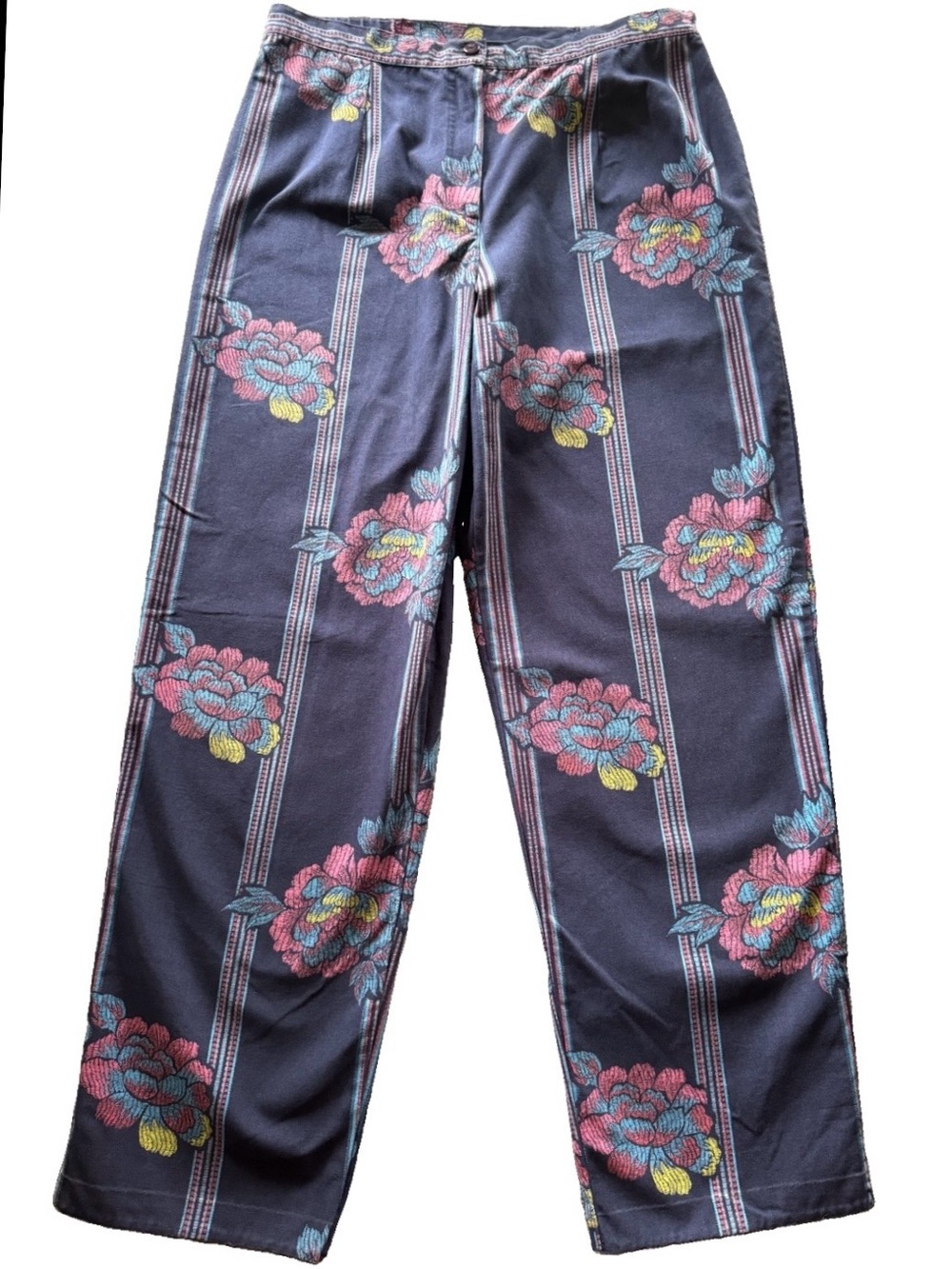 Hearts of Palm Floral Stripe Cotton Pants 12 Resort Coastal Art to Wear